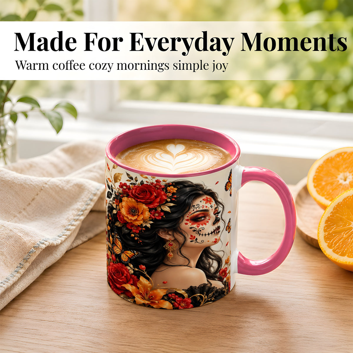 #pl[11oz|Pink] Floral Sugar Skull Woman Coffee Mug, Butterfly Mug, Ceramic Cup