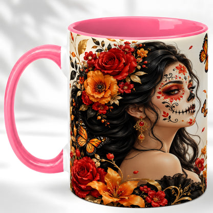 #pl[11oz|Pink] Floral Sugar Skull Woman Coffee Mug, Butterfly Mug, Ceramic Cup