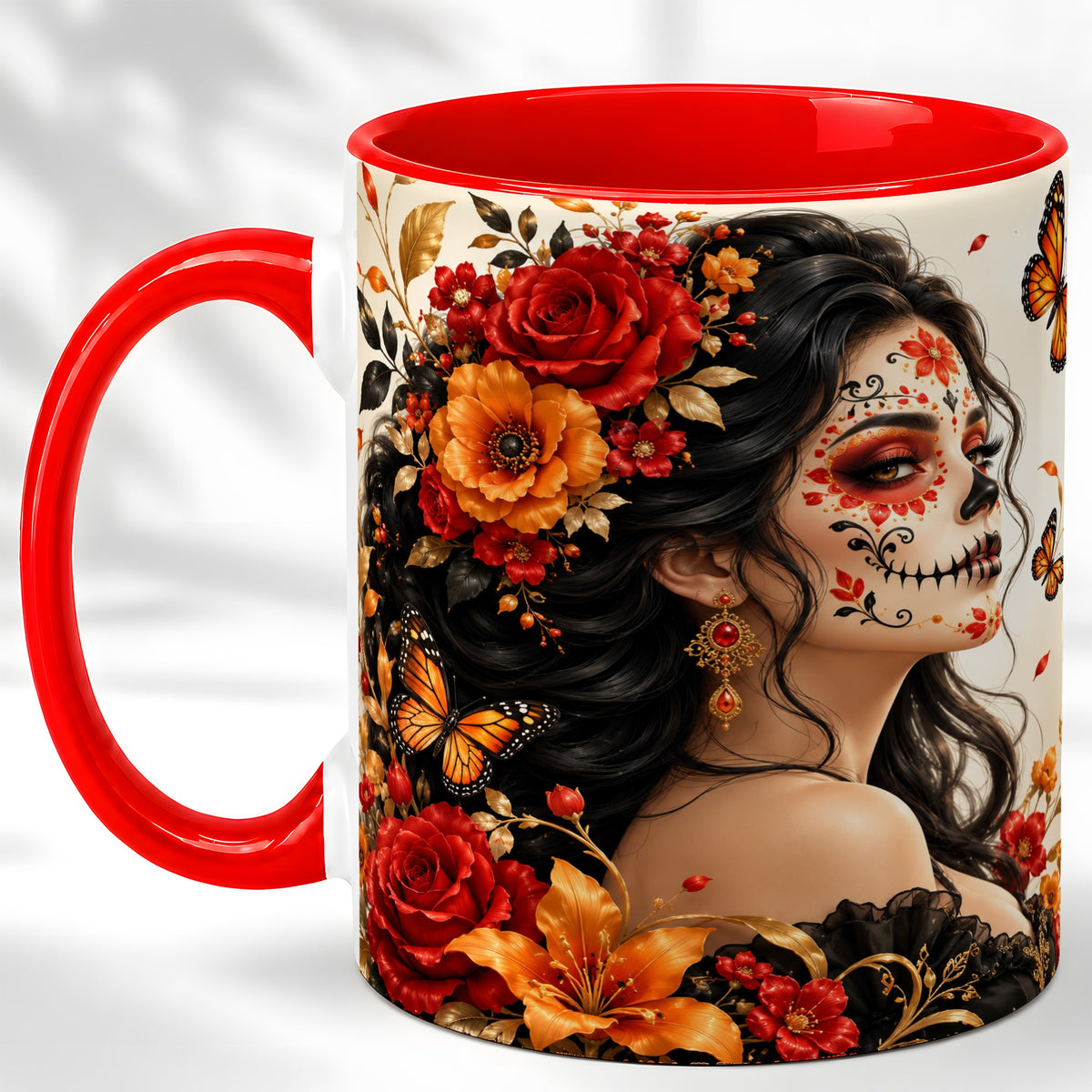 Floral Sugar Skull Woman Coffee Mug, Butterfly Mug, Ceramic Cup