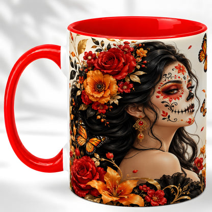 Floral Sugar Skull Woman Coffee Mug, Butterfly Mug, Ceramic Cup