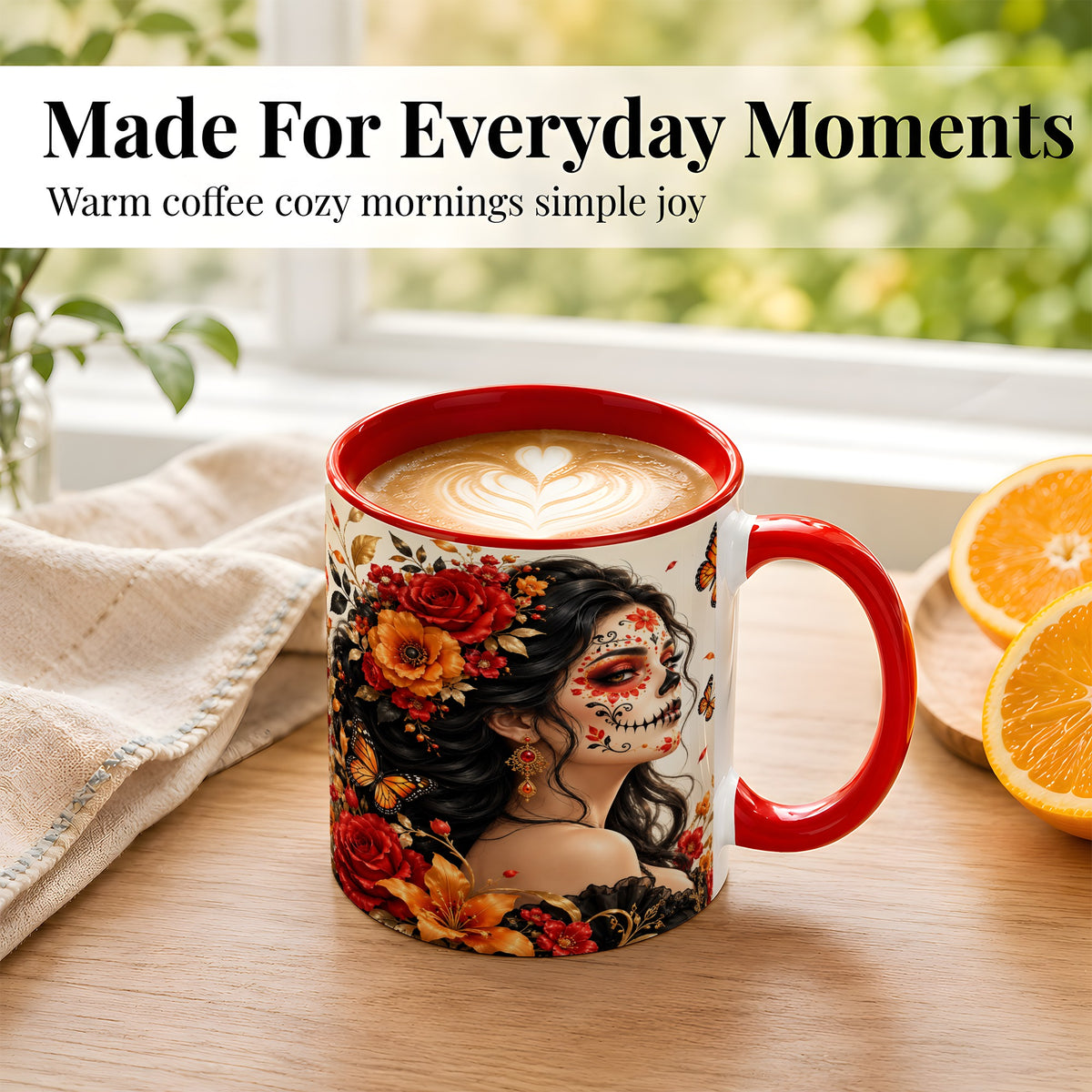 #pl[11oz|Red] Floral Sugar Skull Woman Coffee Mug, Butterfly Mug, Ceramic Cup