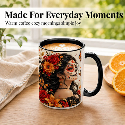 #pl[15oz|Black] Floral Sugar Skull Woman Coffee Mug, Butterfly Mug, Ceramic Cup