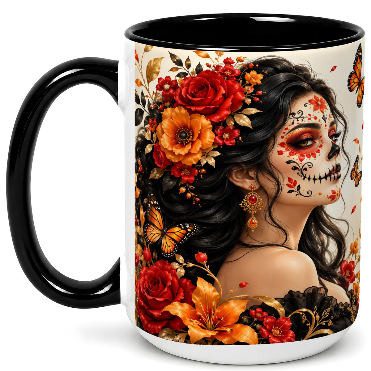#pl[15oz|Black] Floral Sugar Skull Woman Coffee Mug, Butterfly Mug, Ceramic Cup