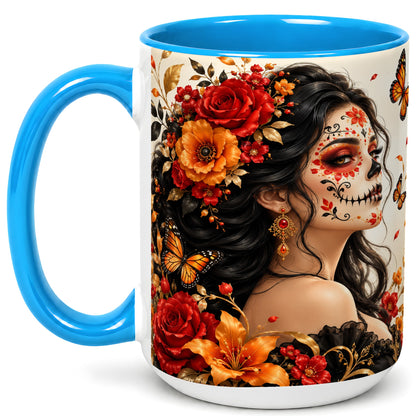 #pl[15oz|Blue] Floral Sugar Skull Woman Coffee Mug, Butterfly Mug, Ceramic Cup