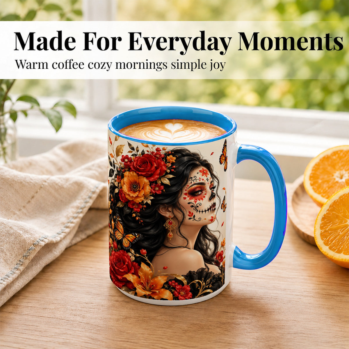 #pl[15oz|Blue] Floral Sugar Skull Woman Coffee Mug, Butterfly Mug, Ceramic Cup