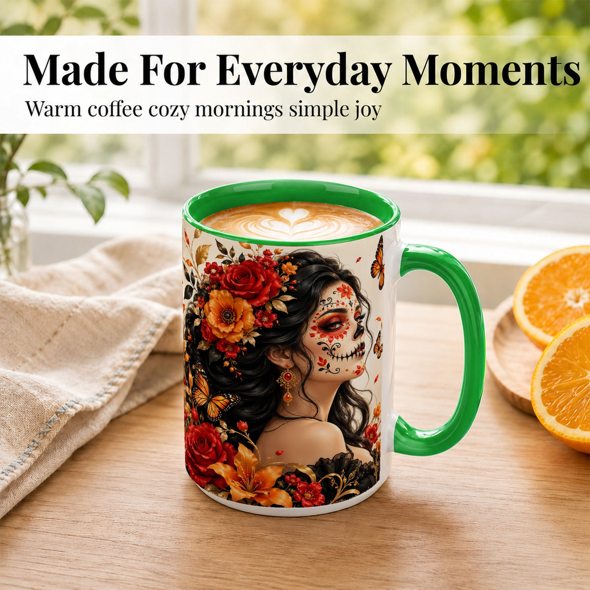 #pl[15oz|Green] Floral Sugar Skull Woman Coffee Mug, Butterfly Mug, Ceramic Cup