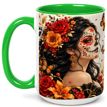 #pl[15oz|Green] Floral Sugar Skull Woman Coffee Mug, Butterfly Mug, Ceramic Cup