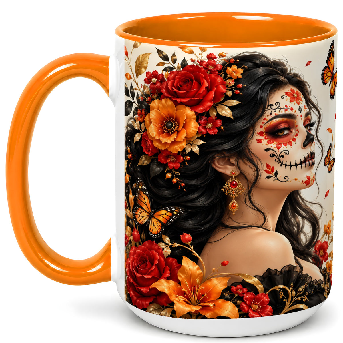 #pl[15oz|Orange] Floral Sugar Skull Woman Coffee Mug, Butterfly Mug, Ceramic Cup