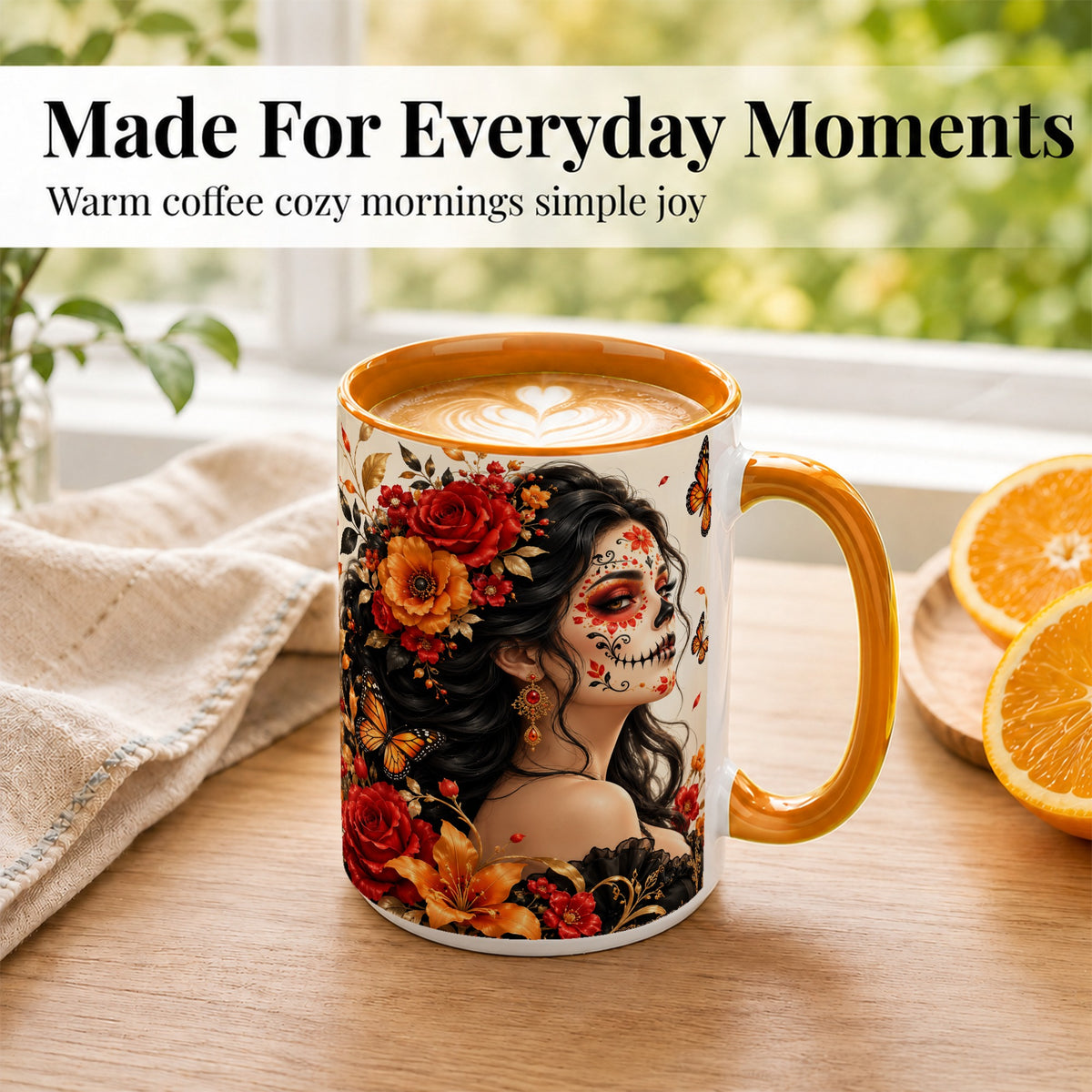 #pl[15oz|Orange] Floral Sugar Skull Woman Coffee Mug, Butterfly Mug, Ceramic Cup