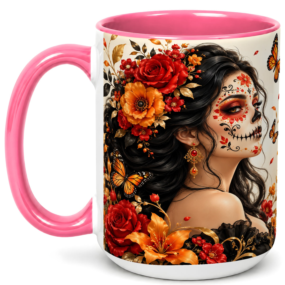 #pl[15oz|Pink] Floral Sugar Skull Woman Coffee Mug, Butterfly Mug, Ceramic Cup
