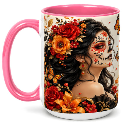 #pl[15oz|Pink] Floral Sugar Skull Woman Coffee Mug, Butterfly Mug, Ceramic Cup
