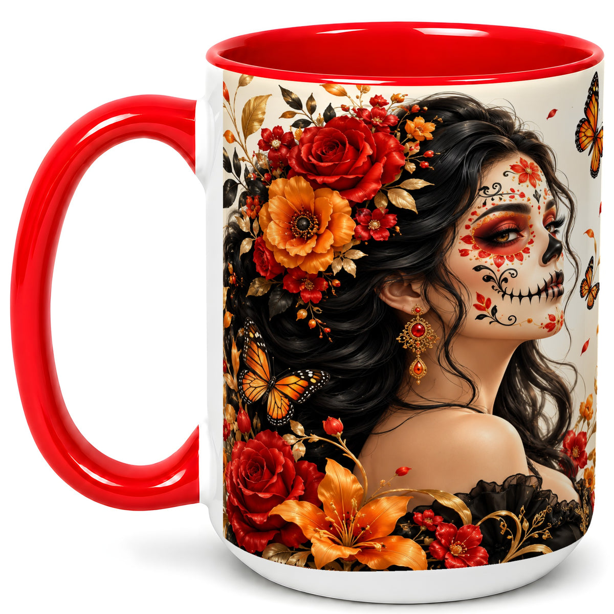 #pl[15oz|Red] Floral Sugar Skull Woman Coffee Mug, Butterfly Mug, Ceramic Cup