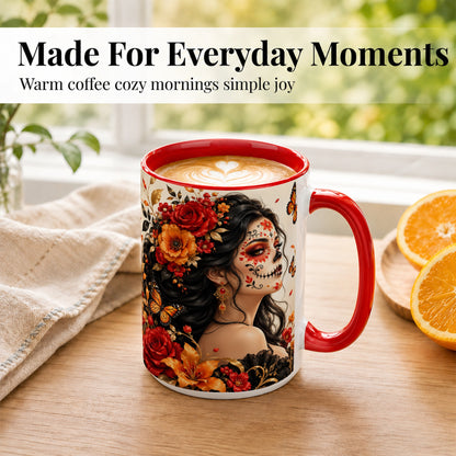 #pl[15oz|Red] Floral Sugar Skull Woman Coffee Mug, Butterfly Mug, Ceramic Cup