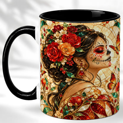#pl[11oz|Black] Floral Sugar Skull Woman Coffee Mug, Stained Glass Mug, Ceramic Cup