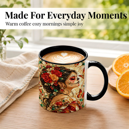 #pl[11oz|Black] Floral Sugar Skull Woman Coffee Mug, Stained Glass Mug, Ceramic Cup