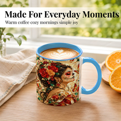 #pl[11oz|Blue] Floral Sugar Skull Woman Coffee Mug, Stained Glass Mug, Ceramic Cup