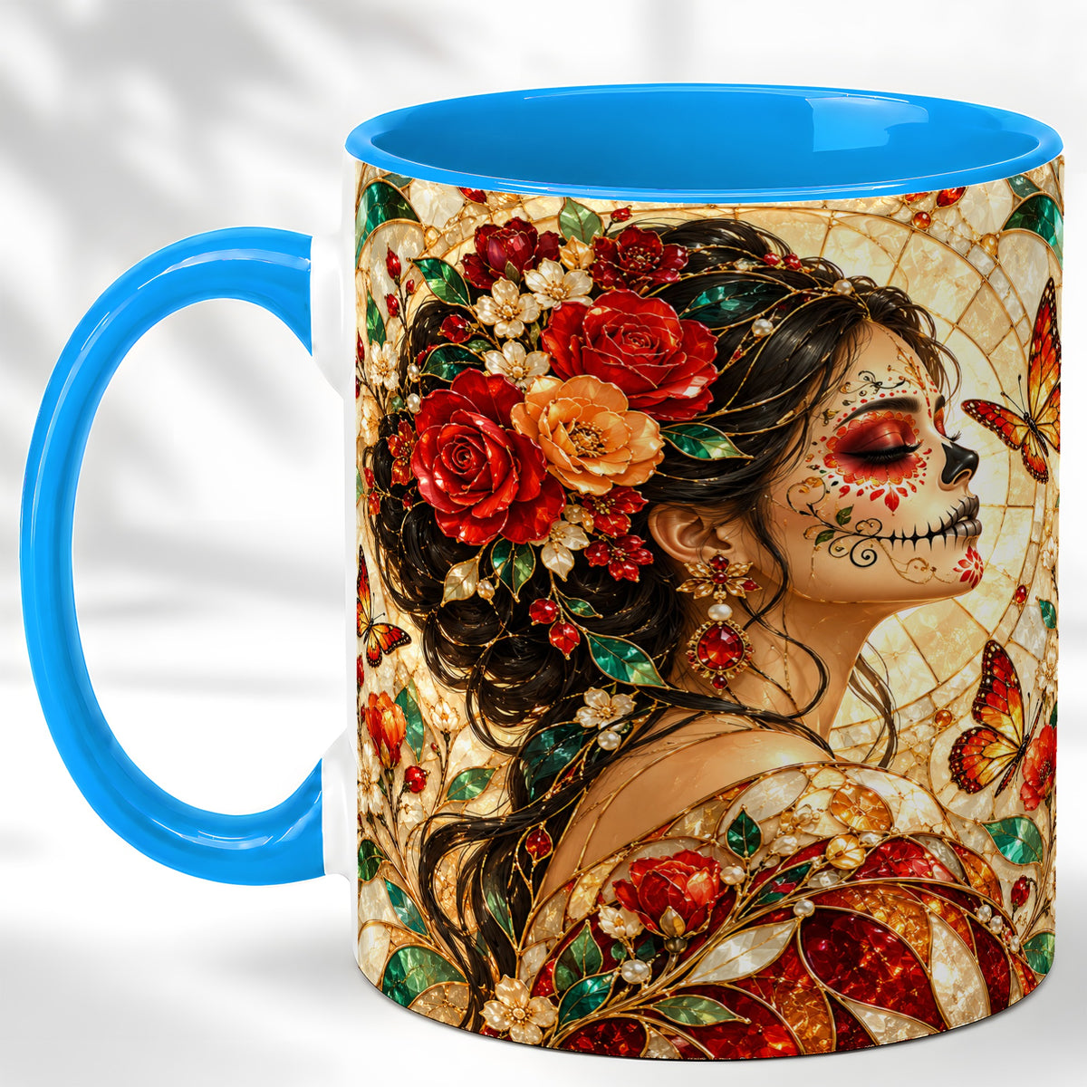 #pl[11oz|Blue] Floral Sugar Skull Woman Coffee Mug, Stained Glass Mug, Ceramic Cup