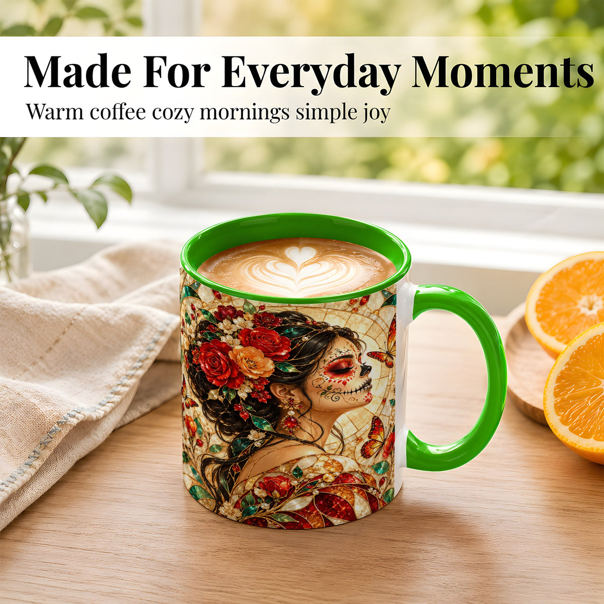 #pl[11oz|Green] Floral Sugar Skull Woman Coffee Mug, Stained Glass Mug, Ceramic Cup