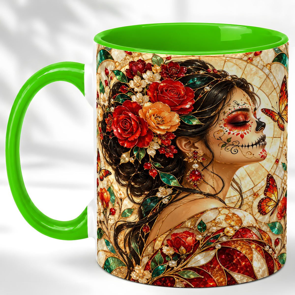 #pl[11oz|Green] Floral Sugar Skull Woman Coffee Mug, Stained Glass Mug, Ceramic Cup
