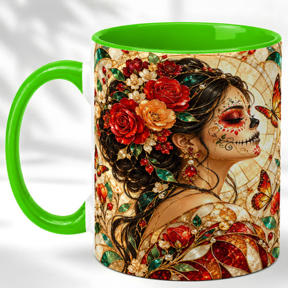 #pl[11oz|Green] Floral Sugar Skull Woman Coffee Mug, Stained Glass Mug, Ceramic Cup