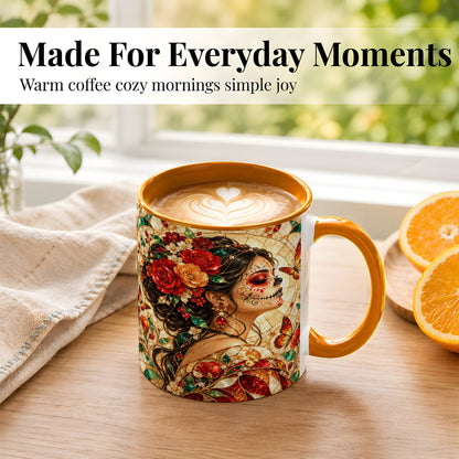 #pl[11oz|Orange] Floral Sugar Skull Woman Coffee Mug, Stained Glass Mug, Ceramic Cup
