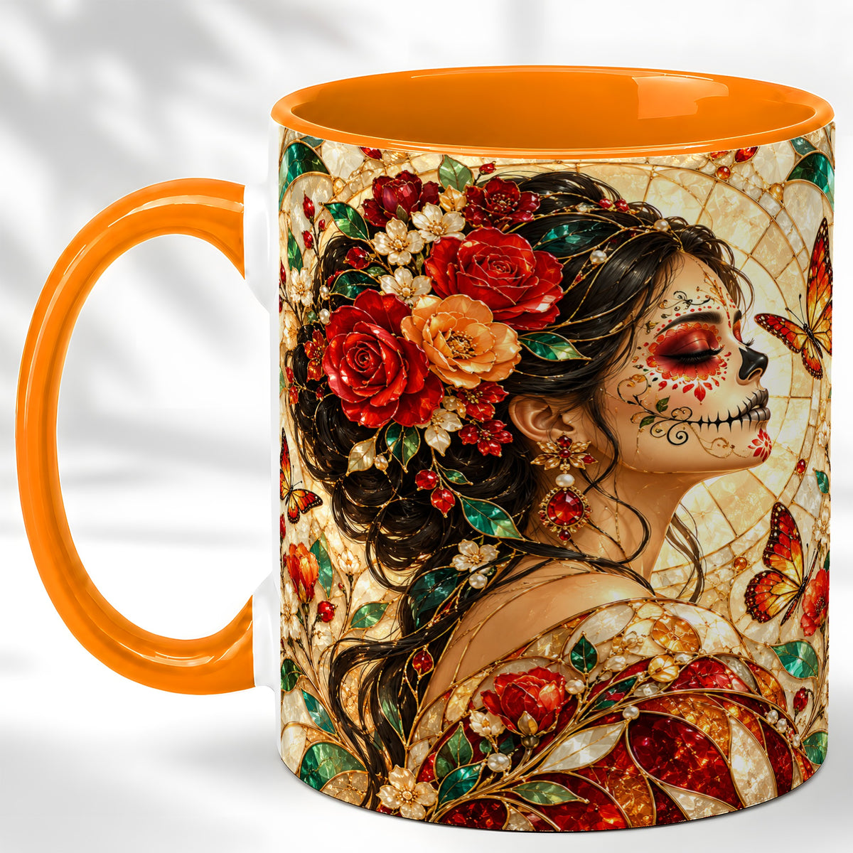 #pl[11oz|Orange] Floral Sugar Skull Woman Coffee Mug, Stained Glass Mug, Ceramic Cup