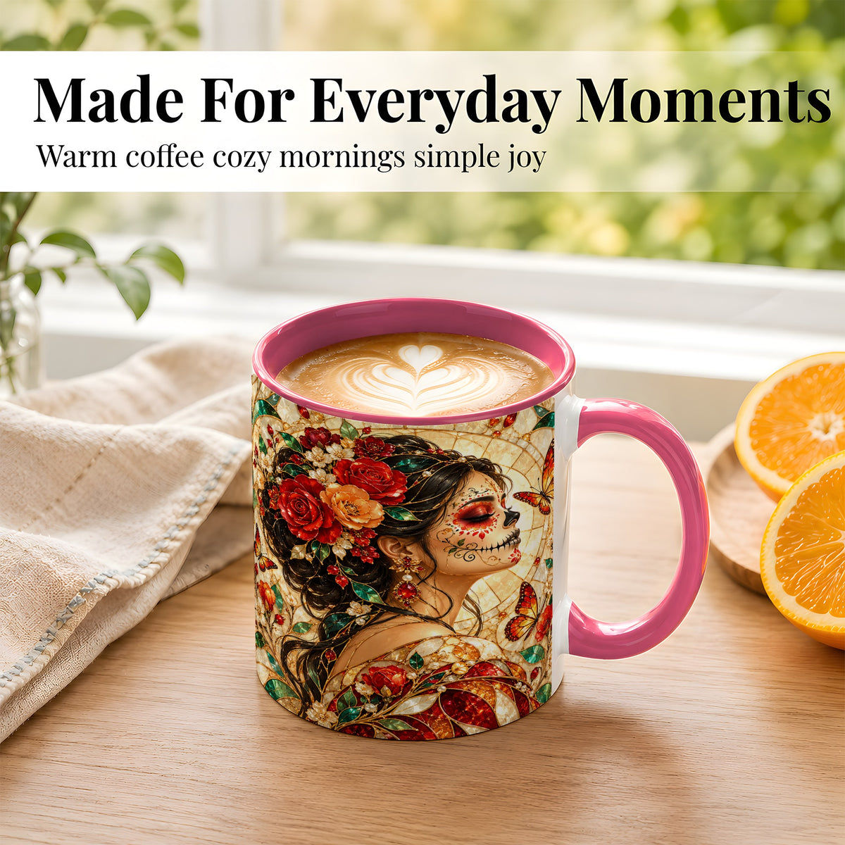 #pl[11oz|Pink] Floral Sugar Skull Woman Coffee Mug, Stained Glass Mug, Ceramic Cup