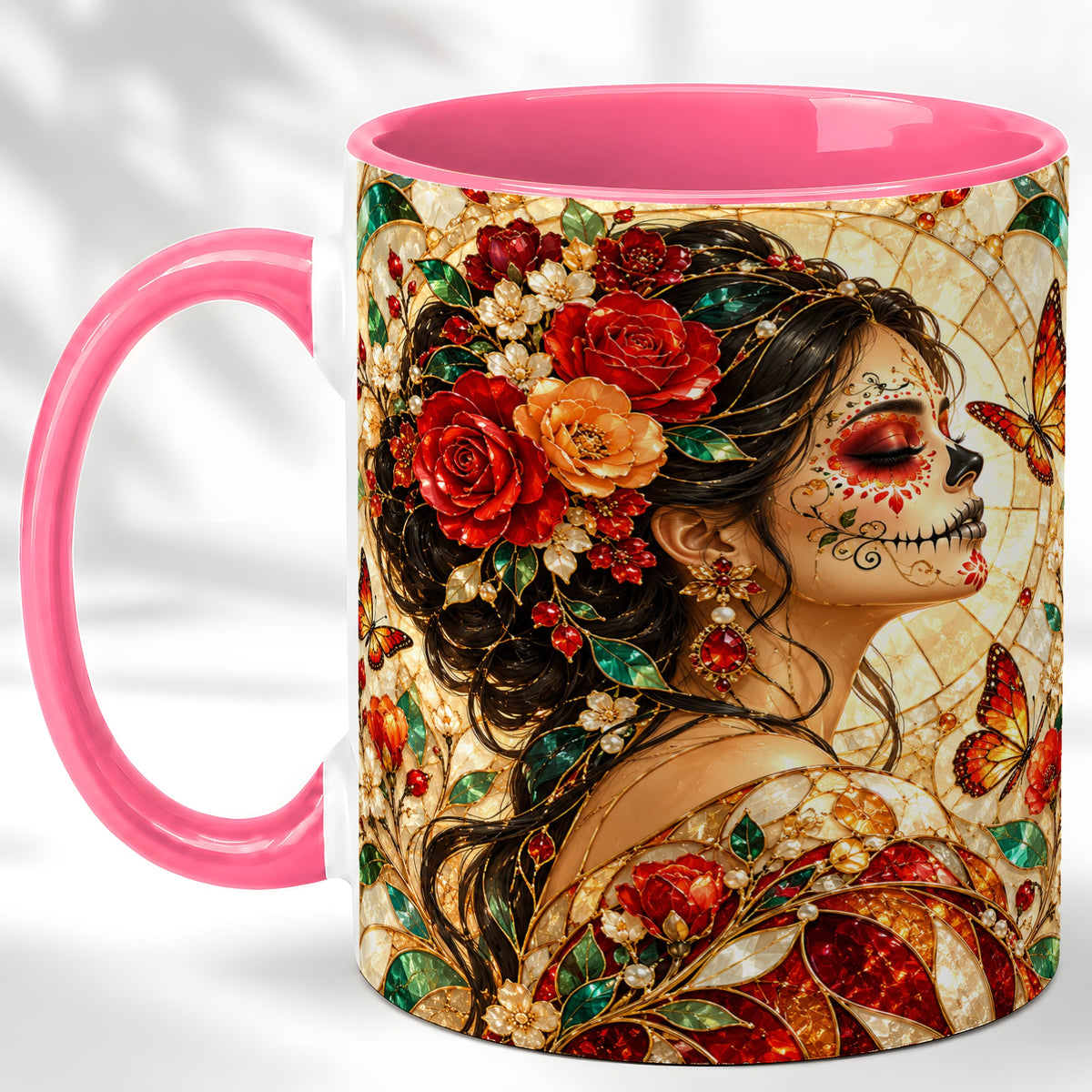 #pl[11oz|Pink] Floral Sugar Skull Woman Coffee Mug, Stained Glass Mug, Ceramic Cup