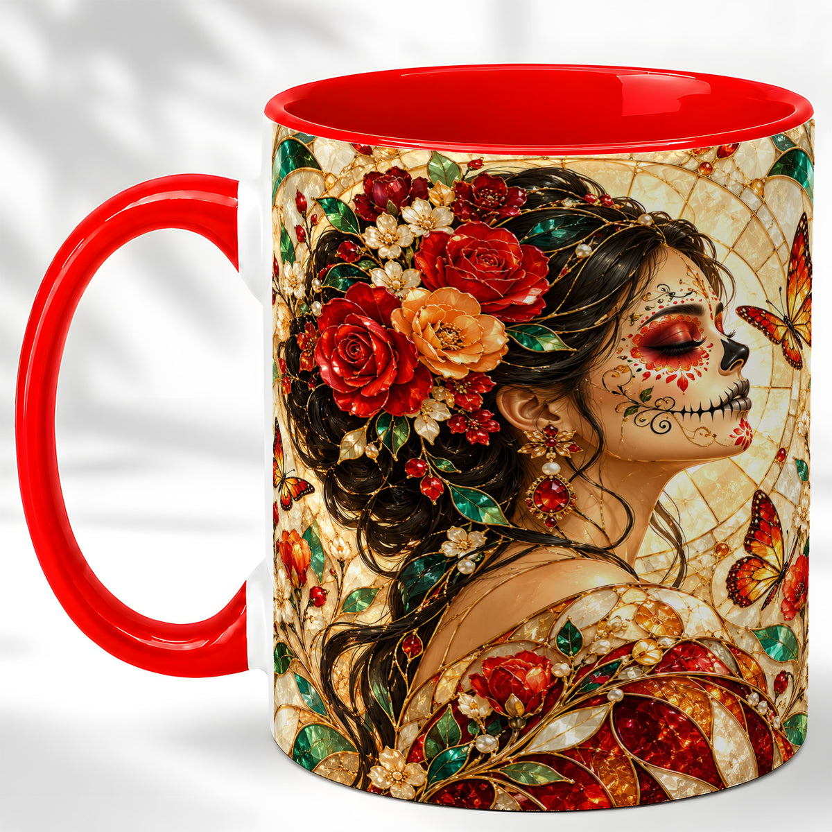 Floral Sugar Skull Woman Coffee Mug, Stained Glass Mug, Ceramic Cup