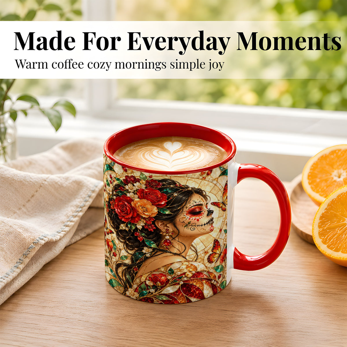 #pl[11oz|Red] Floral Sugar Skull Woman Coffee Mug, Stained Glass Mug, Ceramic Cup