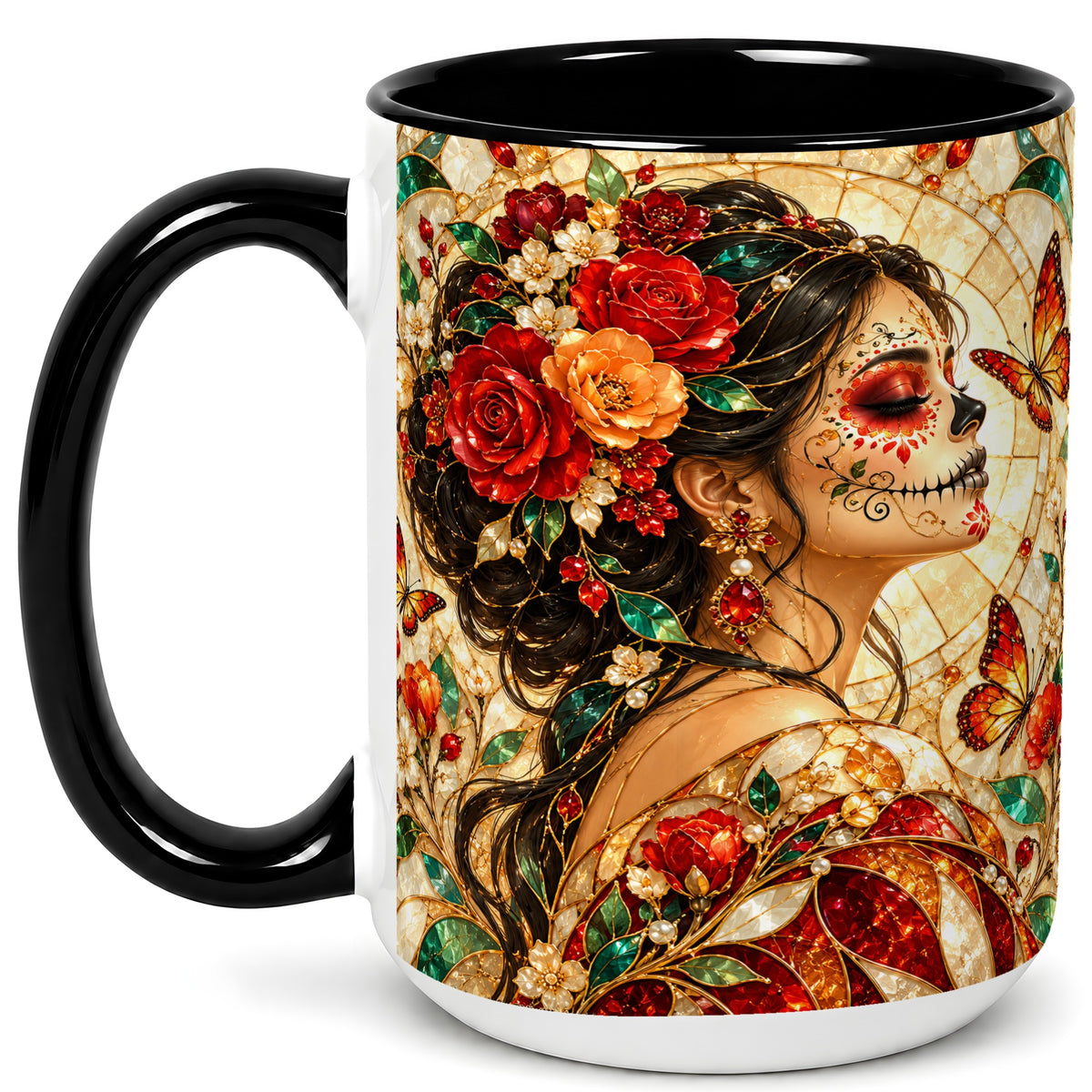 #pl[15oz|Black] Floral Sugar Skull Woman Coffee Mug, Stained Glass Mug, Ceramic Cup