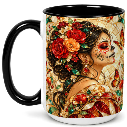 #pl[15oz|Black] Floral Sugar Skull Woman Coffee Mug, Stained Glass Mug, Ceramic Cup