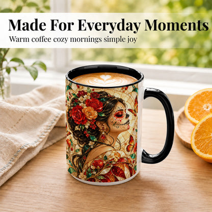#pl[15oz|Black] Floral Sugar Skull Woman Coffee Mug, Stained Glass Mug, Ceramic Cup