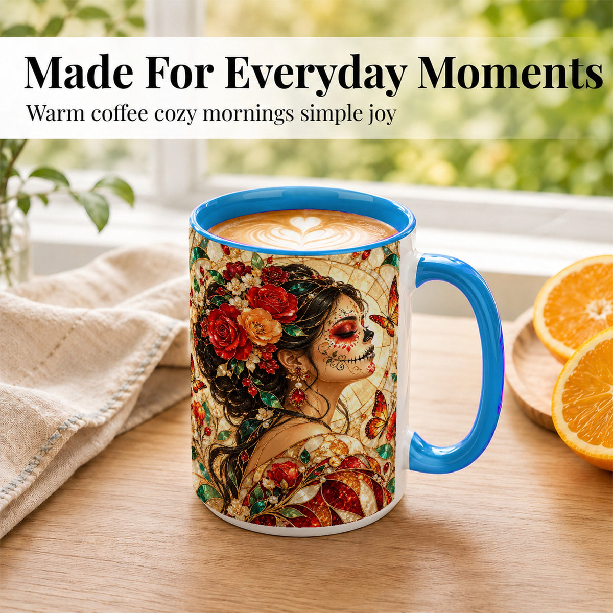 #pl[15oz|Blue] Floral Sugar Skull Woman Coffee Mug, Stained Glass Mug, Ceramic Cup