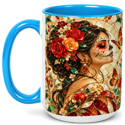 #pl[15oz|Blue] Floral Sugar Skull Woman Coffee Mug, Stained Glass Mug, Ceramic Cup