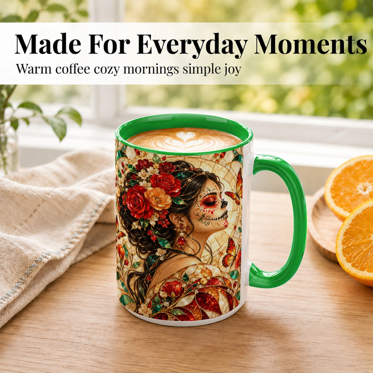 #pl[15oz|Green] Floral Sugar Skull Woman Coffee Mug, Stained Glass Mug, Ceramic Cup