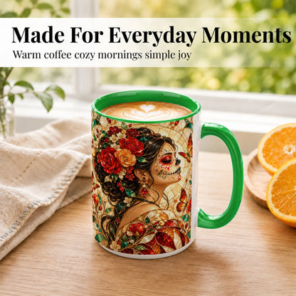 #pl[15oz|Green] Floral Sugar Skull Woman Coffee Mug, Stained Glass Mug, Ceramic Cup