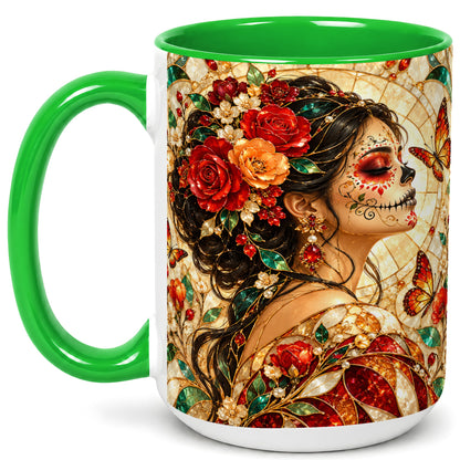 #pl[15oz|Green] Floral Sugar Skull Woman Coffee Mug, Stained Glass Mug, Ceramic Cup