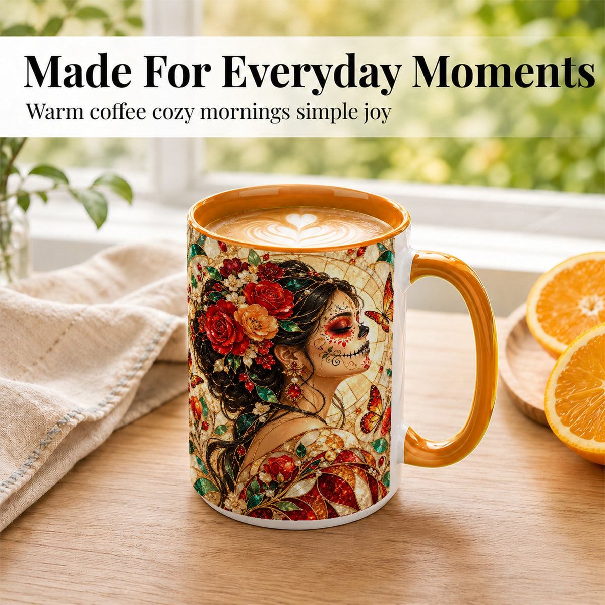 #pl[15oz|Orange] Floral Sugar Skull Woman Coffee Mug, Stained Glass Mug, Ceramic Cup
