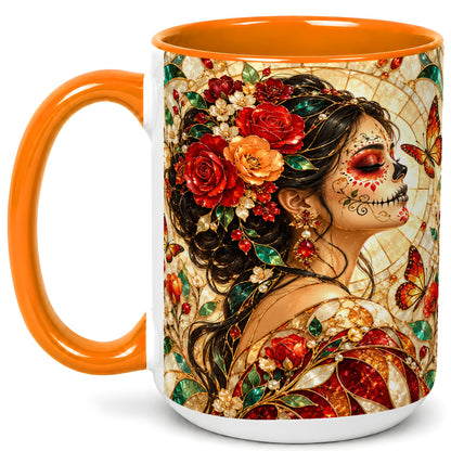 #pl[15oz|Orange] Floral Sugar Skull Woman Coffee Mug, Stained Glass Mug, Ceramic Cup