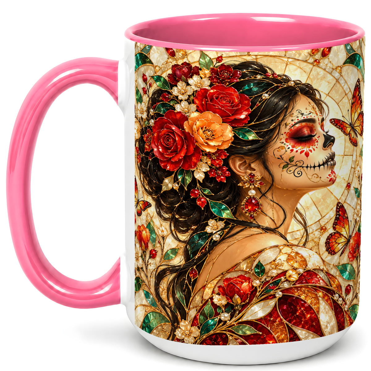 #pl[15oz|Pink] Floral Sugar Skull Woman Coffee Mug, Stained Glass Mug, Ceramic Cup