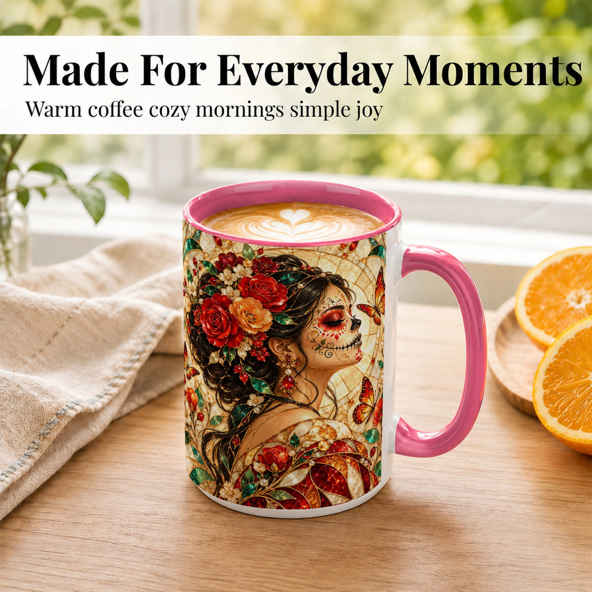 #pl[15oz|Pink] Floral Sugar Skull Woman Coffee Mug, Stained Glass Mug, Ceramic Cup