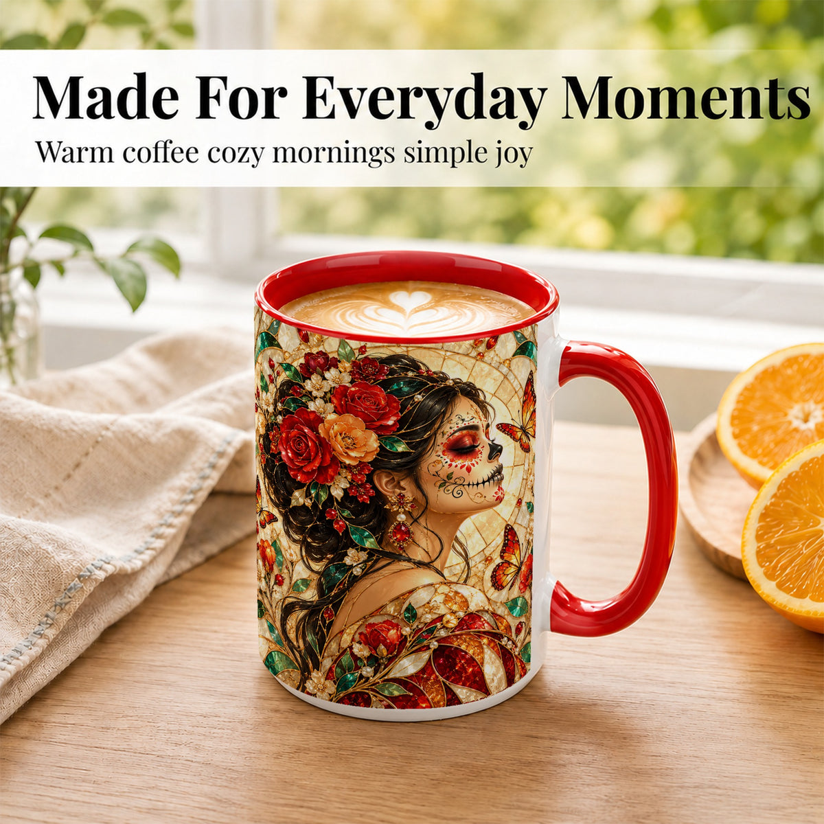 #pl[15oz|Red] Floral Sugar Skull Woman Coffee Mug, Stained Glass Mug, Ceramic Cup