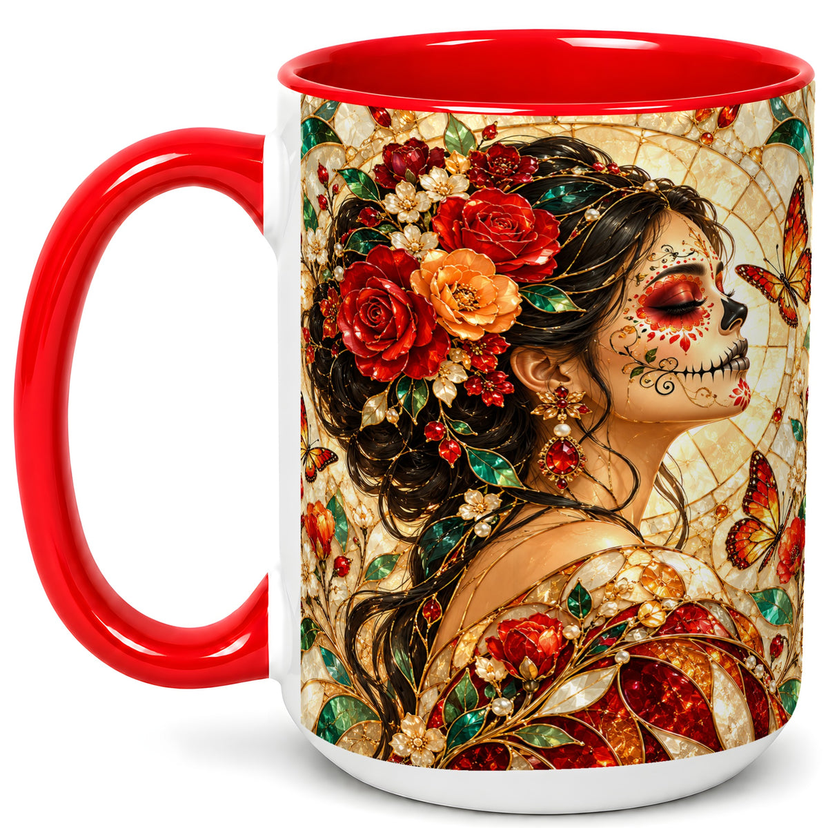 #pl[15oz|Red] Floral Sugar Skull Woman Coffee Mug, Stained Glass Mug, Ceramic Cup