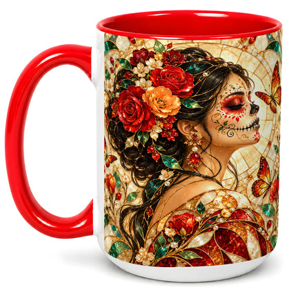 #pl[15oz|Red] Floral Sugar Skull Woman Coffee Mug, Stained Glass Mug, Ceramic Cup