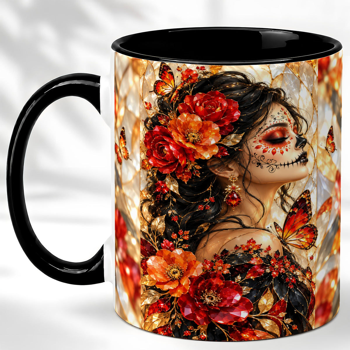 #pl[11oz|Black] Floral Sugar Skull Woman Coffee Mug, Monarch Butterfly Mug, Ceramic Cup