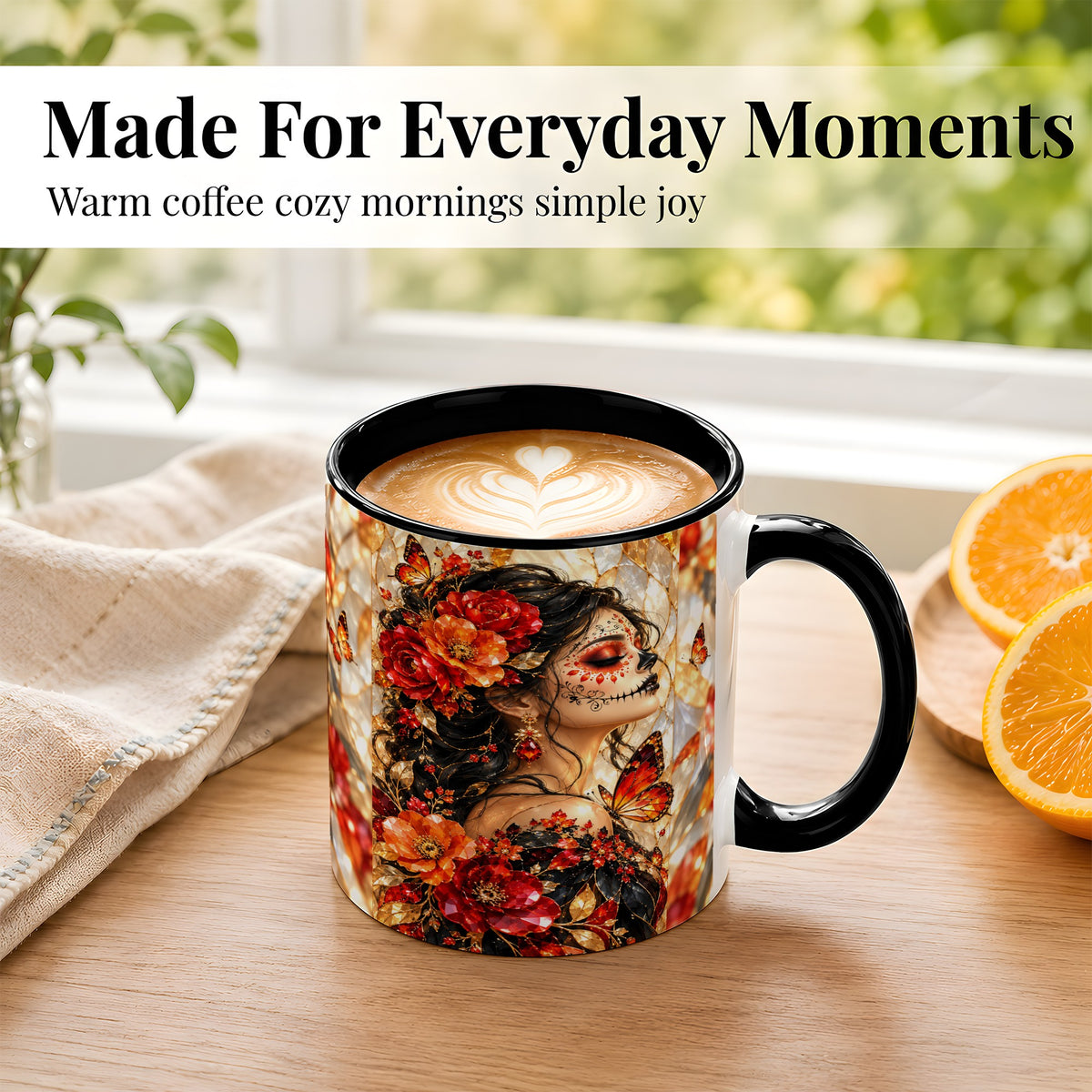 #pl[11oz|Black] Floral Sugar Skull Woman Coffee Mug, Monarch Butterfly Mug, Ceramic Cup