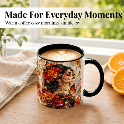 #pl[11oz|Black] Floral Sugar Skull Woman Coffee Mug, Monarch Butterfly Mug, Ceramic Cup