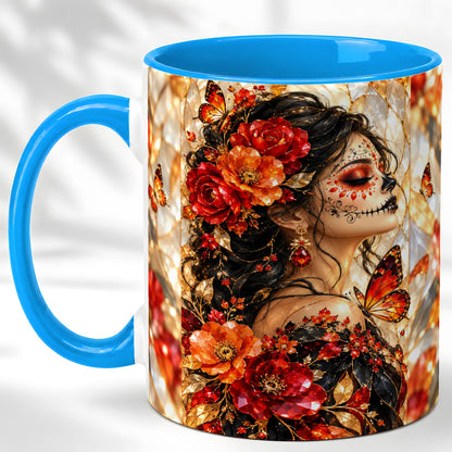 #pl[11oz|Blue] Floral Sugar Skull Woman Coffee Mug, Monarch Butterfly Mug, Ceramic Cup