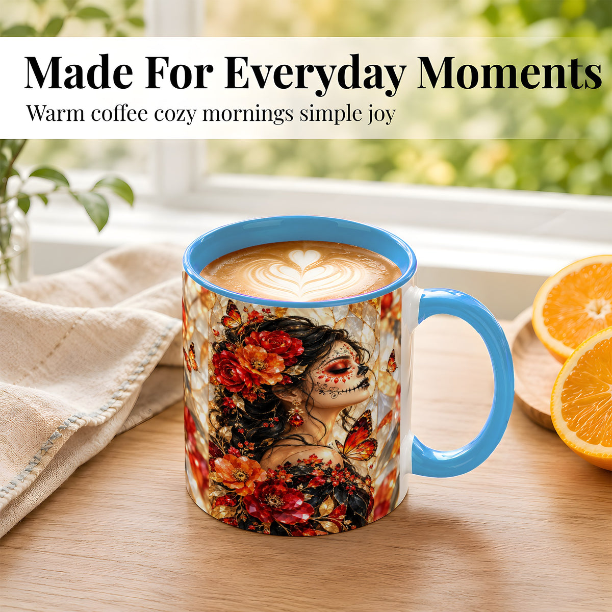 #pl[11oz|Blue] Floral Sugar Skull Woman Coffee Mug, Monarch Butterfly Mug, Ceramic Cup